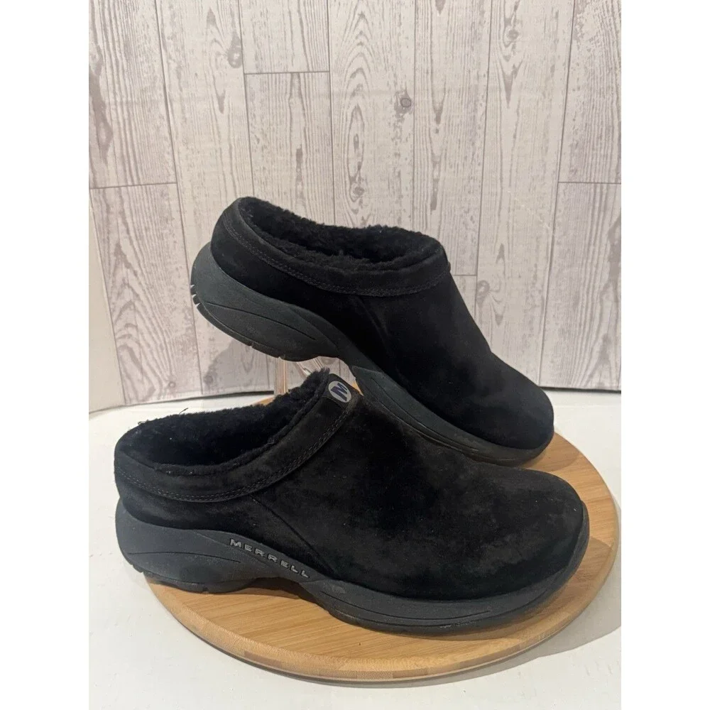 Merrell Primo Chill Slide Mens Size 10 Black Leather Faux Fur Lined Clogs